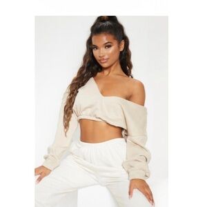 New PrettyLittleThing Sand Crop Off Shoulder Sweater Top Size Small
